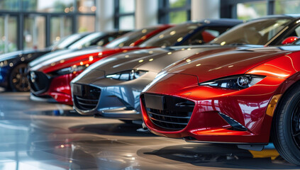 Fototapeta premium Row of new luxury sports cars displayed in a showroom