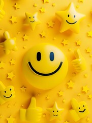 Fototapeta premium Smiley face surrounded by positive symbols, thumbs-up gestures, stars, and happy emoticons Feedback rating and customer satisfaction, positive experiences and reviews