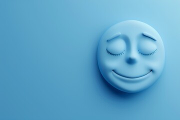 Smiling blue emoji face with a peaceful expression on a monochromatic blue background