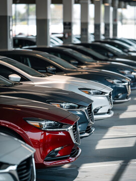 A row of new cars parked in a sunlit showroom, casting long shadows