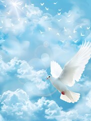 sky funeral background with white dove, copy space for text