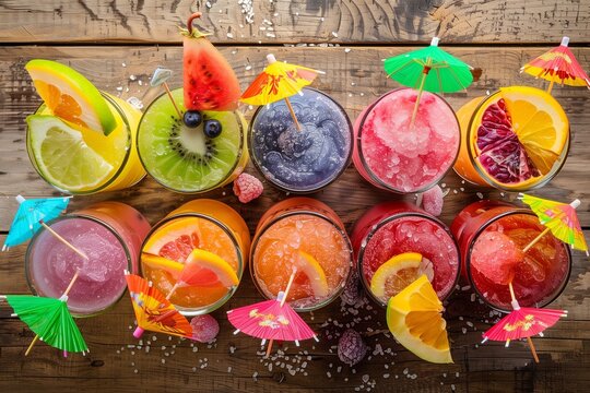 An overhead shot of refreshing summer slushies in assorted bright colors, arranged on a wooden surface, with each glass decorated with slices of tropical fruits and tiny umbrellas.