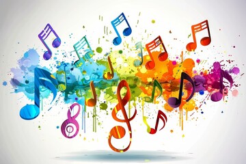 Vibrant music notes with colorful splashes on a white background, depicting creativity and energy in music
