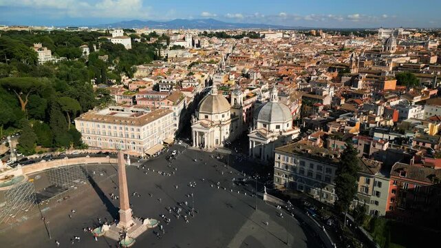 Beautiful Orbiting Drone Shot Above Piazza del Popolo, Flaminio Obelisk. Rome, Italy
