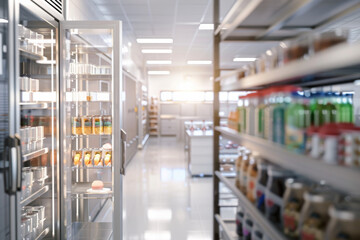 A commercial freezer's open door showcases an array of organized food and drinks, highlighting retail abundance and freshness.
