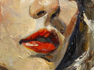 Fragment of a portrait of a young beautiful girl with red lips Oil color painting. Generative AI.