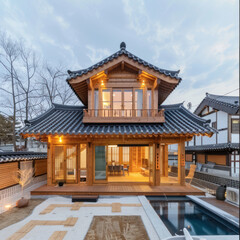 Fototapeta premium tiny two floor timber frame house with single front doors and terrace with korean theme design with pool