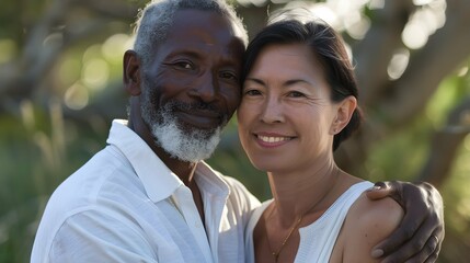 Obraz premium Portrait Mature couple African American and Asian lover love and affection between individuals of different racial 