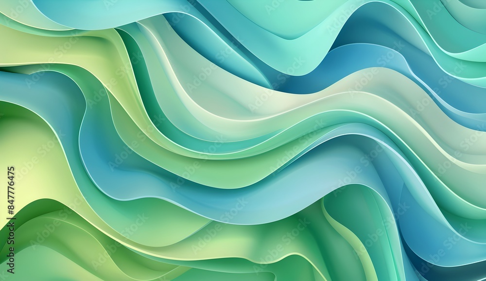 Poster abstract background with wavy flowing shapes in shades of blue and green in the style of flowing sha