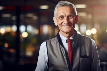 Portrait of a smiling man in his 70s dressed in a water-resistant gilet while standing against sophisticated corporate office background