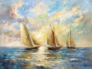 Fragment of oil painting on canvas depicting sailing boats over water oil painting on canvas Oil color painting. Generative AI.
