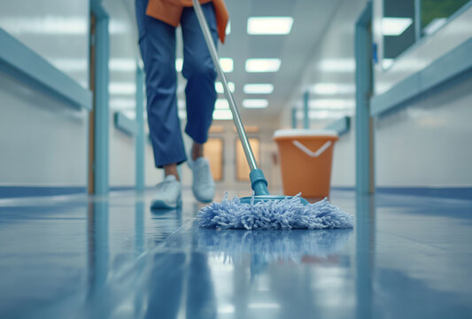 close up a woman in a cleaning uniform mopping the floor in hospital corridor