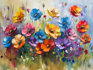 Garden Symphony with the stunning colorful flowers Oil color painting. Generative AI.