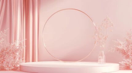 Pink Minimalist Product Display with Golden Circle and Flowers.