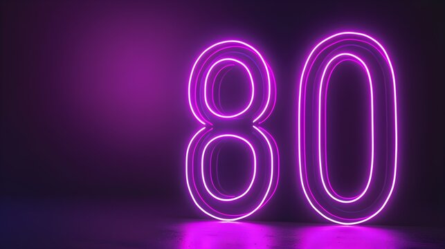 number 80 purple color 3D neon glowing lines on dark background