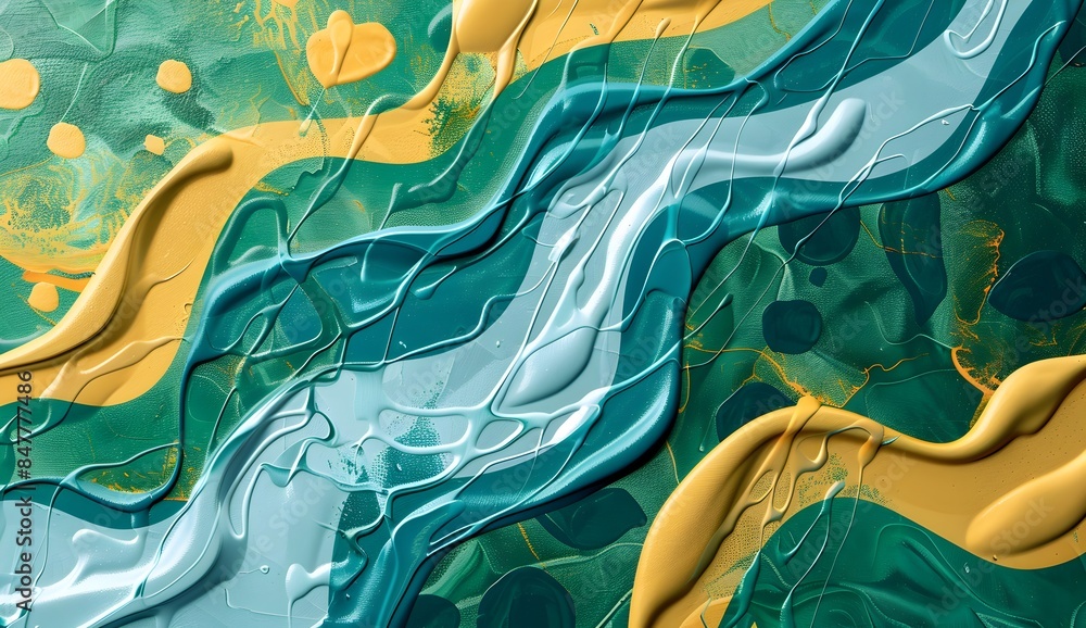 Poster abstract teal and green background with wavy shapes in the style of various artists