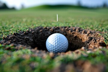 Close-up of a golf ball on the cusp of falling into the cup on a putting green
