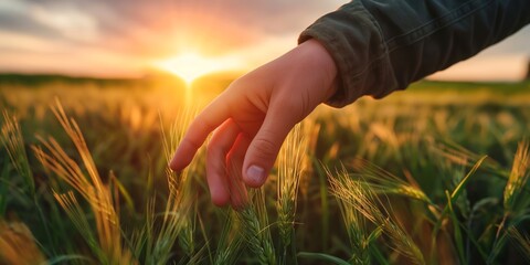 Fototapeta premium Field of wheat with a hand touching the grain, symbolizing agriculture and nature.
