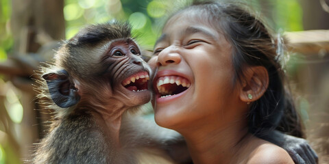 Delighted toddler hugging a laughing monkey in a vibrant jungle environment.