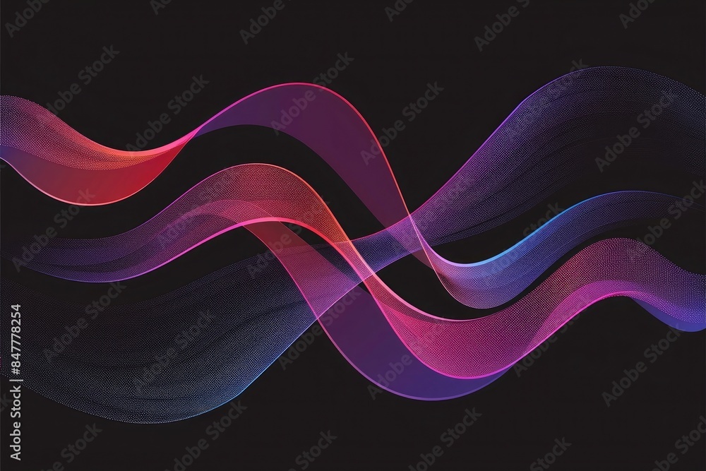 Wall mural simple vector graphic of two wavy lines with gradient colors on black background, purple and red col - Wall murals