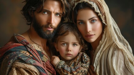Fototapeta premium Generative representation of The Holy Family, capturing the holiness and warmth of Jesus, Mary, and Joseph, set against a soft, heavenly background with AI Generative.