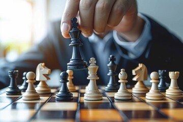Close-up of a business person's hand moving a black knight in chess, signifying strategic thinking and planning