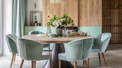 modern living room home interior design mint-colored chairs with a round wooden dining table