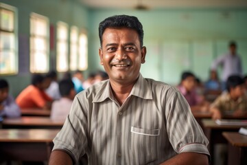 Obraz premium Portrait of a satisfied indian man in his 50s donning a classy polo shirt on lively classroom background