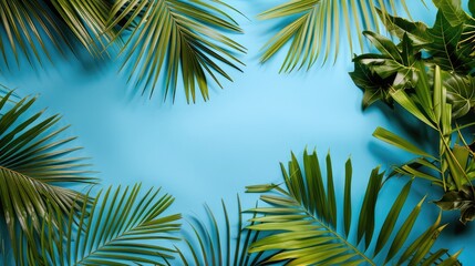 Obraz premium Green Tropical Leaves on Blue Background, Vibrant Nature Art, Deco, Leafy Green Print, Tropical Aesthetic, Leafy Patterns