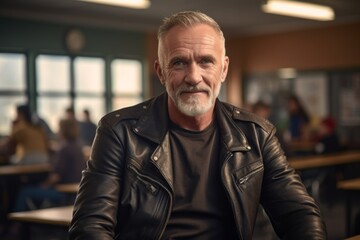 Obraz premium Portrait of a happy man in his 50s sporting a classic leather jacket while standing against lively classroom background