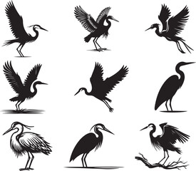 set of silhouettes of heron birds