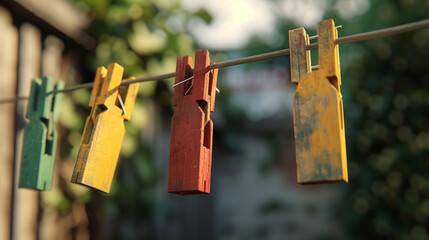 Colorful pastel clothespins hang on a clothesline on backyard background in a concept of laundry day.