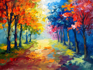 landscape - colorful forest in Oil color painting. Generative AI.