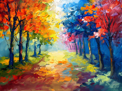 landscape - colorful forest in Oil color painting. Generative AI.