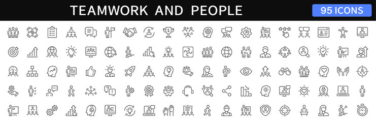Business people and teamwork thin line icons set. Teamwork editable stroke icon collection. People, team, collaboration icons. Vector illustration
