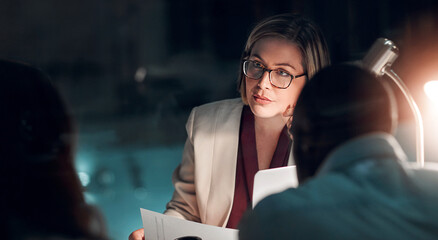 Night, meeting and businesswoman in office with partner, documents and planning in corporate...