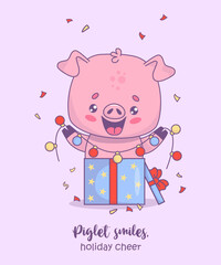 Cute happy pig in gift box with festive garland. Vector illustration. Holiday card with funny cartoon kawaii animal character with cool slogan. Kids collection