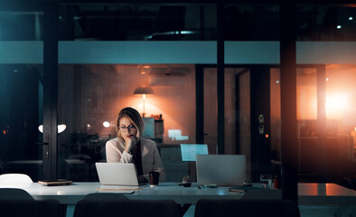 Business woman, stress and laptop in office for corporate communication, internet research and...