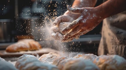 Close up of baker hands clapping and sprinkling white flour to preparing dough in bakery kitchen. copy space for text.