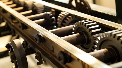 Close-up of conveyor belt components, precision gears, mechanical, direct lighting. 
