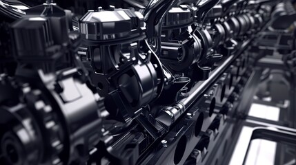 Automotive assembly line, engine parts aligned, sleek, high contrast light. 