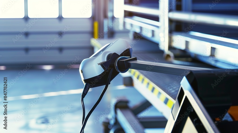 Poster close-up of barcode scanner on a loading dock, ready for use, sharp, clear lighting.