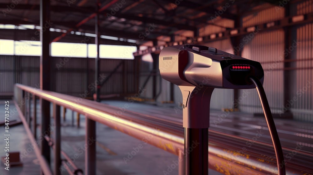Poster close-up of barcode scanner on a loading dock, ready for use, sharp, clear lighting.