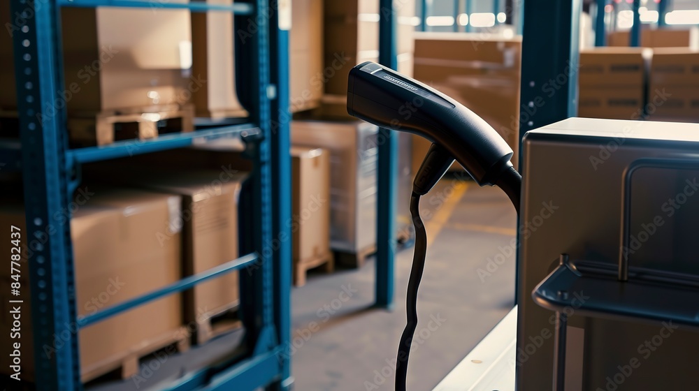 Poster close-up of barcode scanner on a loading dock, ready for use, sharp, clear lighting.