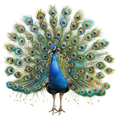 Vivid peacock displaying colorful feathers in full fan, showcasing its gorgeous plumage and intricate patterns.