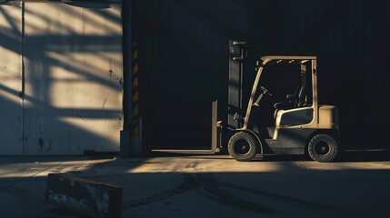 Forklift parked in empty section, shadows casting over concrete floor, moody ambient light. 