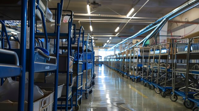 Rolling carts lined up, tools for order picking, practical, bright overhead light.