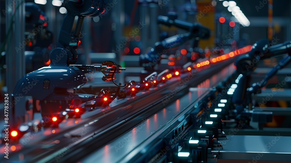 Poster Sensor array on assembly line, monitoring product flow, sharp, focused lighting.