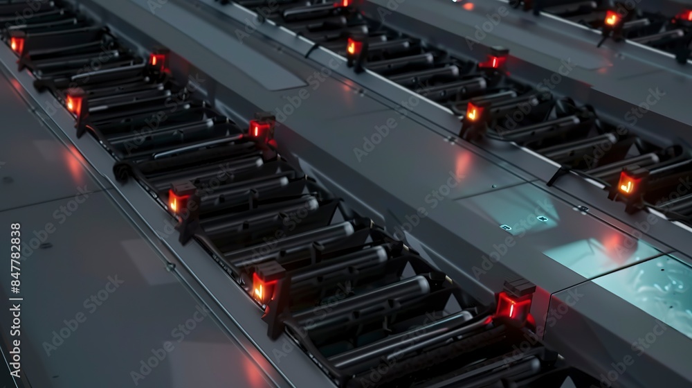 Poster sensor array on assembly line, monitoring product flow, sharp, focused lighting.