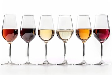 A row of stemmed wine glasses with wines of different colors and tints. Set of glasses with white, rose, and red wine. Isolated on white background.